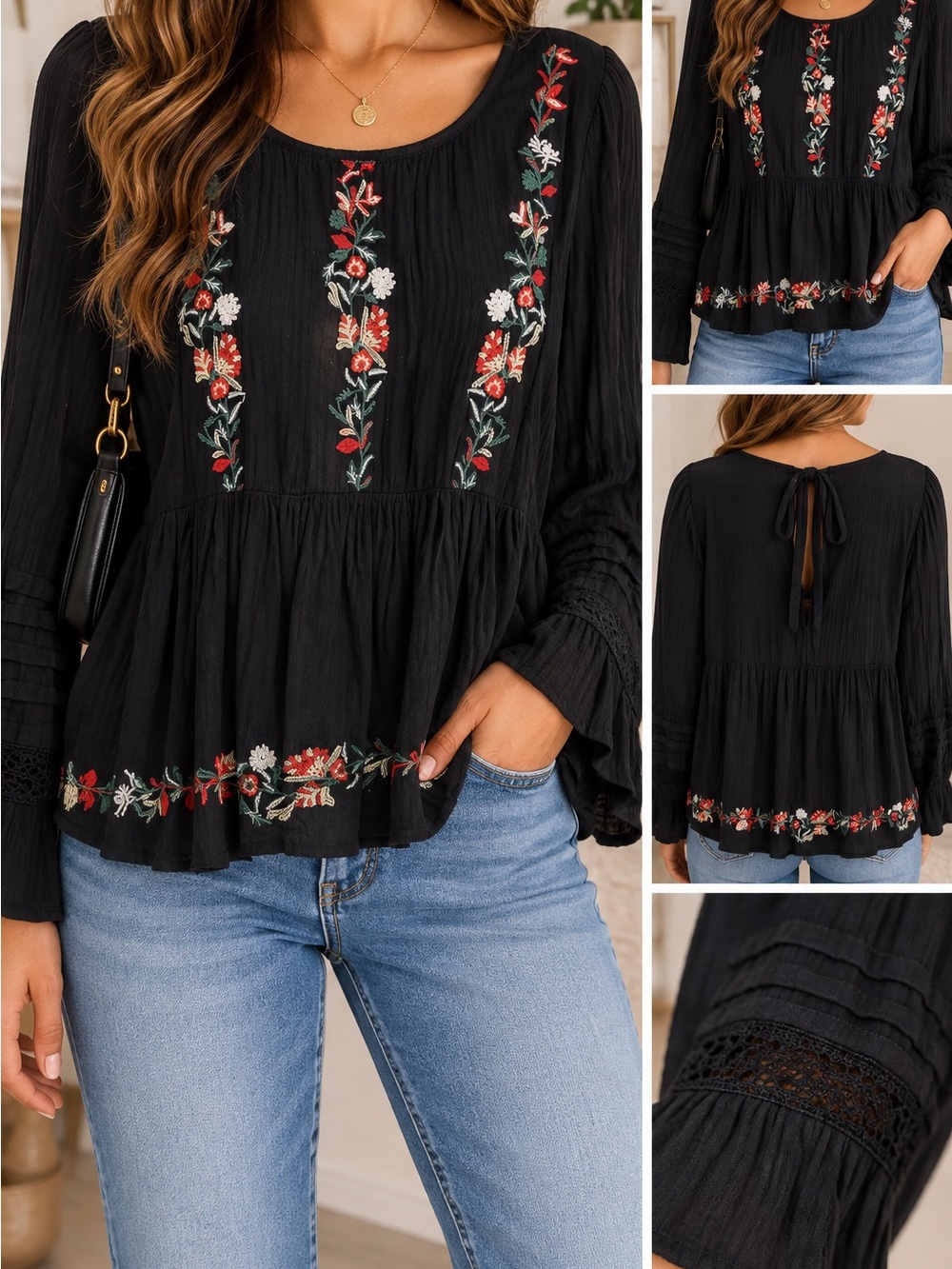 American Eagle Black Floral Embroidered Boho Peasant Blouse Size M